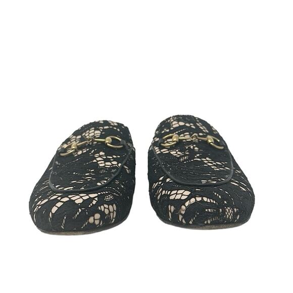 Gucci Princetown Horsebit Mules Leather Lace Overlay Black Tan Size 37 - Picture 2 of 9